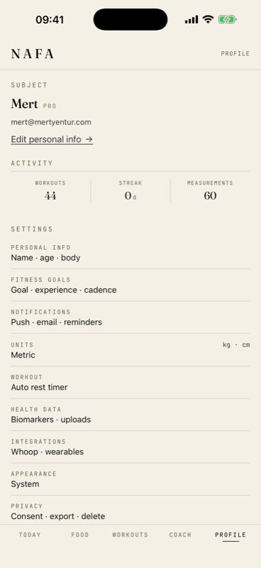 Members reach the integration from Profile → Settings. The Integrations row (“Whoop · wearables”) opens the connection screen.