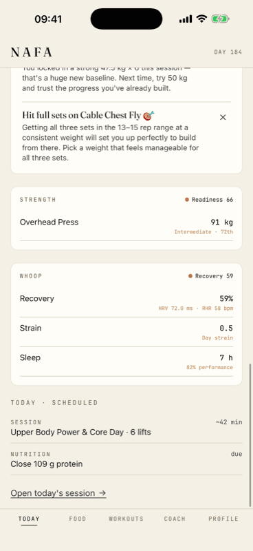 The dashboard WHOOP card shows data pulled via the API — Recovery 59% (HRV 72 ms · RHR 58 bpm), day Strain, and Sleep 7 h at 82% performance — clearly labeled as WHOOP.